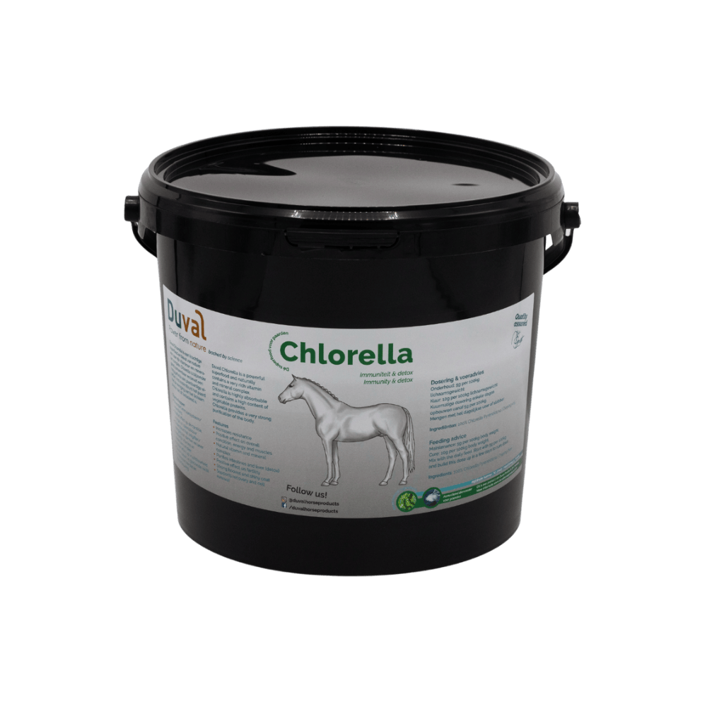 Duval Chlorella emmer – hoogwaardige chlorella voor paarden, rijk aan chlorofyl, eiwitten en essentiële voedingsstoffen.