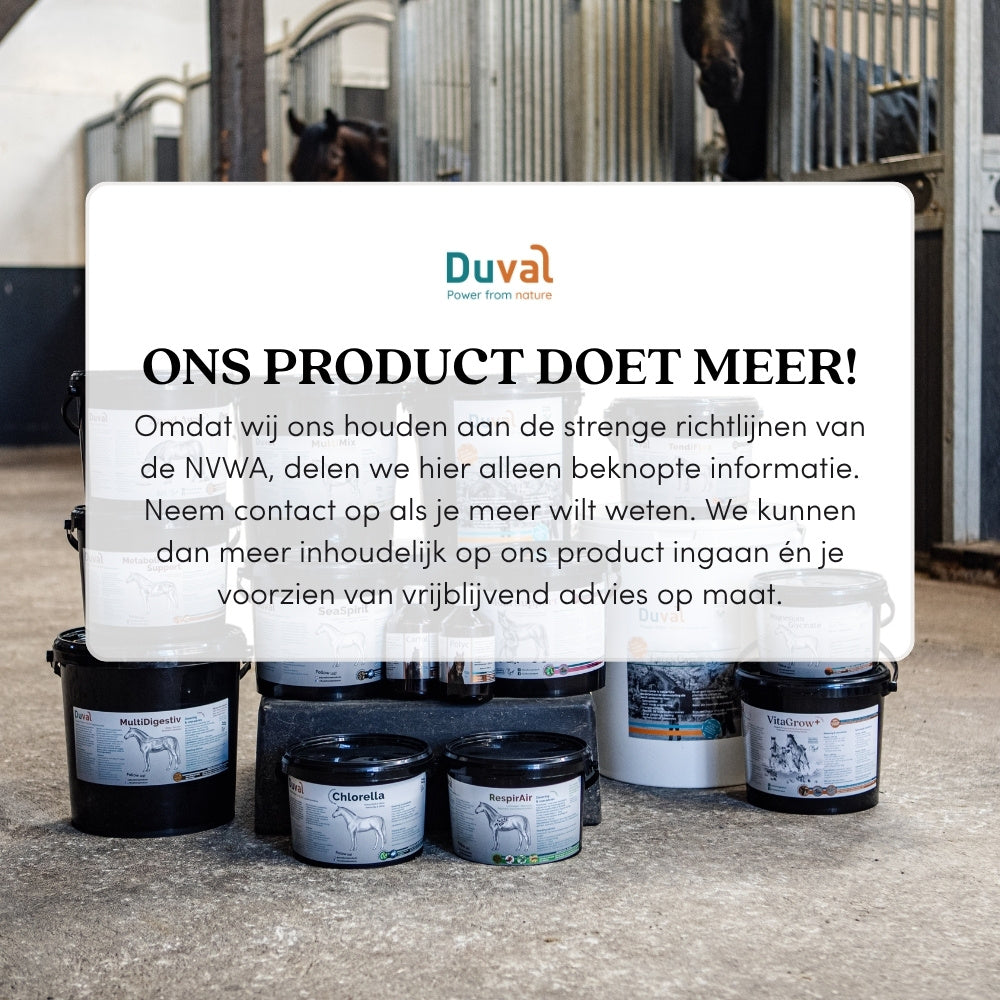 Duval paarden­supplementen met boodschap over NWVA-richtlijnen en uitnodiging voor persoonlijk productadvies.