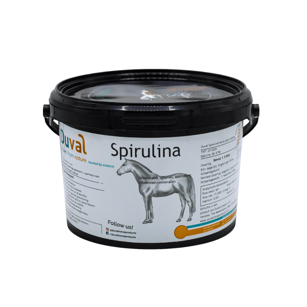 Duval Spirulina emmer – hoogwaardige spirulina voor paarden, rijk aan eiwitten, aminozuren en chlorofyl.