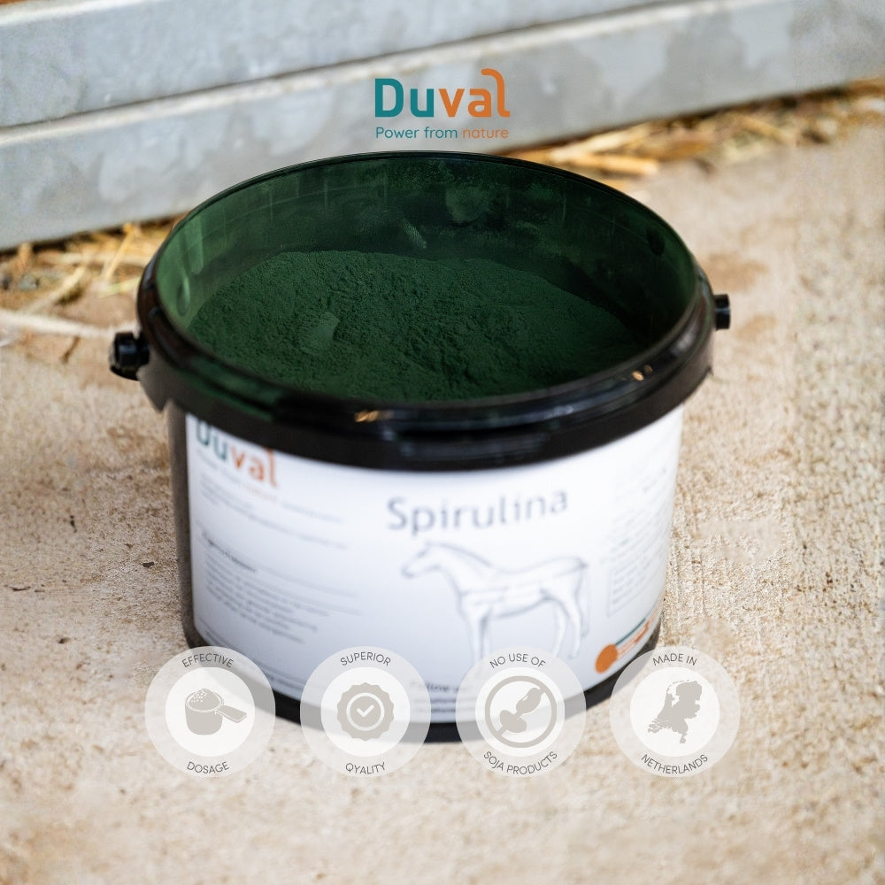 Duval Spirulina emmer met kwaliteitsiconen – zuiver product met hoge voedingswaarde en premium kwaliteitsstandaarden.