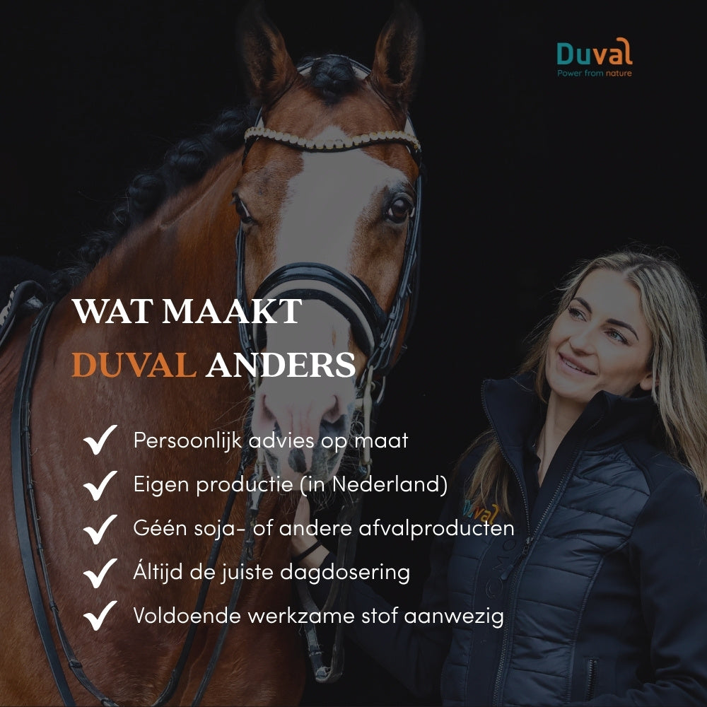 Wat maakt Duval anders – overzicht van USP’s bij paard en eigenaar: persoonlijk advies, Nederlandse productie, geen afvalproducten, juiste dosering en voldoende werkzame stoffen.