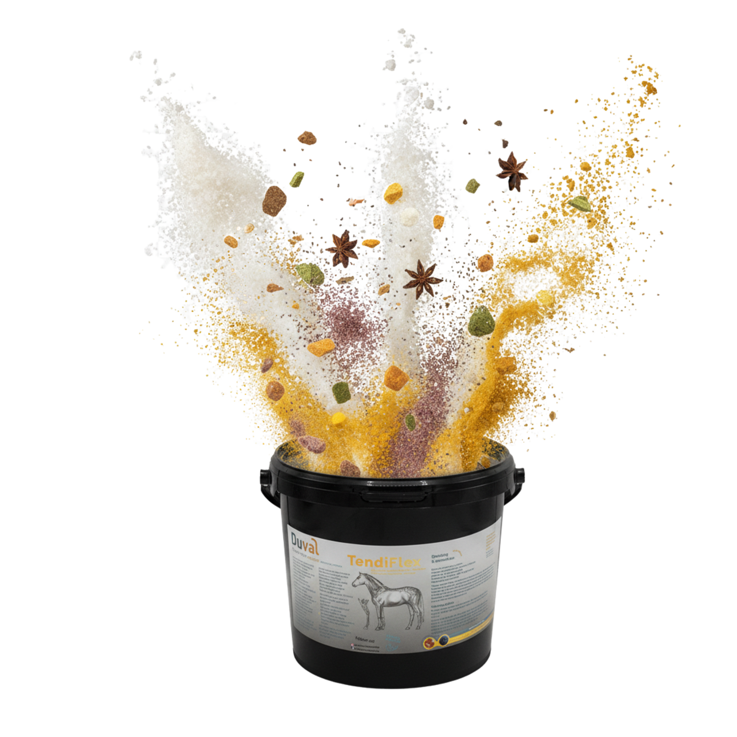 Duval TendiFlex emmer met natuurlijke ingrediënten in een dynamische weergave – supplement voor ondersteuning van pezen, banden en bindweefsel bij paarden.